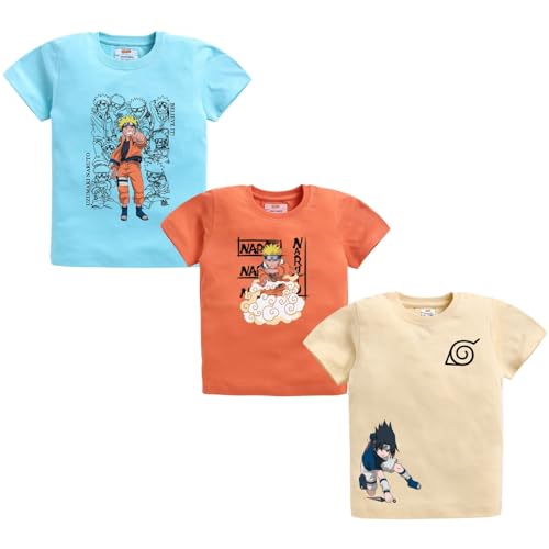 Image of Amazon Brand - Jam & Honey Boys Half Sleeve Graphic Printed T-Shirt | Round Neck | Regular Fit | Cartoon Characters (Available from 4-8 Years) (Pack of 3)