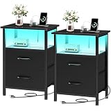Vagusicc Nightstands Set of 2, Bedside Tables with Charging Station & LED Lights, Black Night Stands with 2 Fabric Drawers, End Table with Storage Shelf, 24.2' Tall Bed Side Table Set of 2 for bedroom