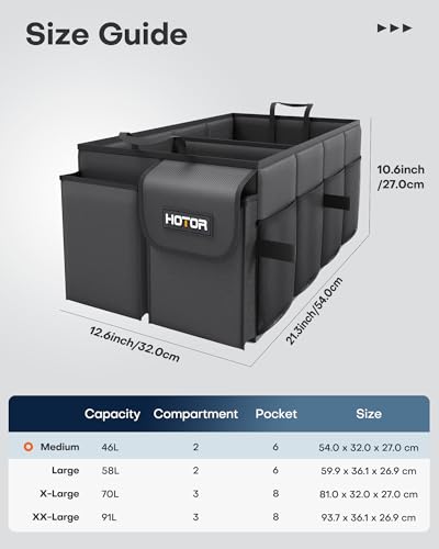 HOTOR Car Boot Oganiser - Large-Capacity Auto Trunk Organizer Collapsible Multi Compartments, Foldable Boot Storage for SUVs, Sturdy Car Accessories for Men Camping Tools, Black, 54.0 × 32.0 × 27.0 cm