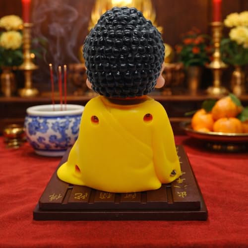 Image of Solar-Powered Moving Head Buddha Statue| Feng Shui Monk Figurine for Positive Energy, Peace & Prosperity | Shaking Head Buddha Idol for Car Dashboard, Home & Office Decor (Yellow)