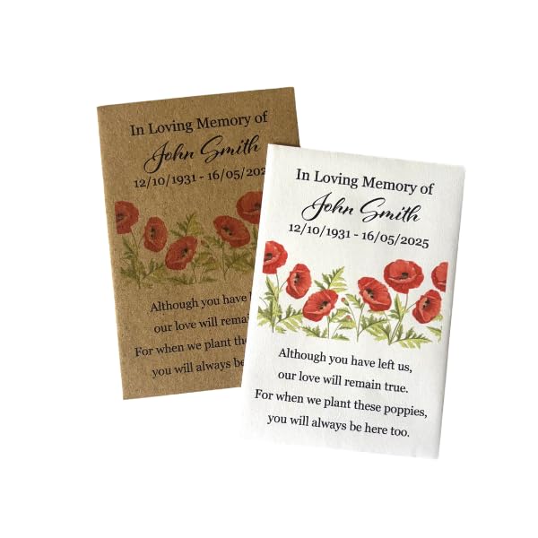 Personalised Memorial Poppy Seeds Packet, Funeral Remembrance Favours with Custom Name and Dates, Pack of 10 Favours (Poppy Row & Poem)
