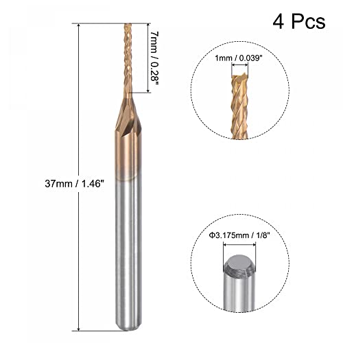 Image of uxcell End Mill CNC Router Bits, 1 /8 inch 3.175mm Shank 1mm x 7mm Titanium Coated Tungsten Carbide Engraving Milling Cutter for PCB Plastic Fiber Wood 4pcs