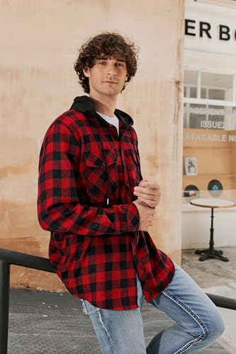 Cromoncent Men's Long Sleeve Hoodie Jacket Plaid Button Down Flannel Shirt Jacket,Hooded Red Black,Small — view 4