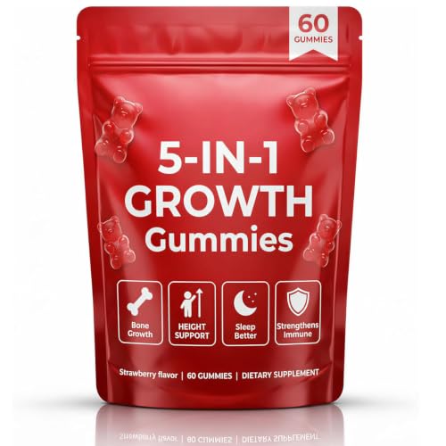 BERSEG 5-in-1 Growth Gummies Supports Natural Height & Bone Development with Essential Amino Acids & D3 K2 Delicious Strawberry Flavor 60-Count