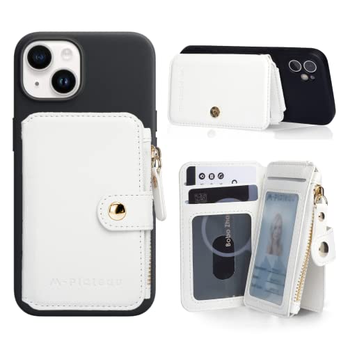 Image of M-Plateau Phone Wallet Stick on, PU Leather Card Holder with Zipper Pocket Compatible with iPhone Case (White)