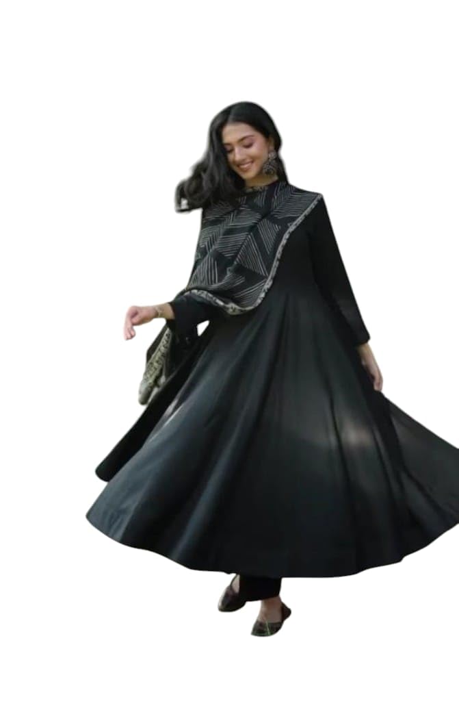 Rayon Plain Anarkali Kurti Set with Pant and Dupatta, Black, Chanderi Cotton Dupatta, Fully Stitched, Size M-L-XL (IN, Alpha, M, Regular)