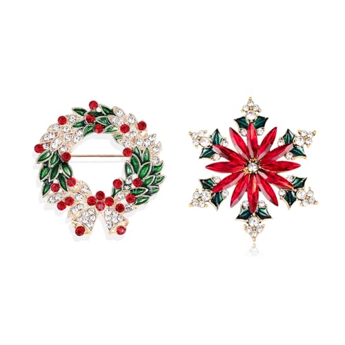 2 PCS Christmas Brooch Pins for Women Christmas Wreath Snowflake Rhinestone Brooches Red Green Crystal Pin New Year Party Jewelry Accessories (Christmas set A)