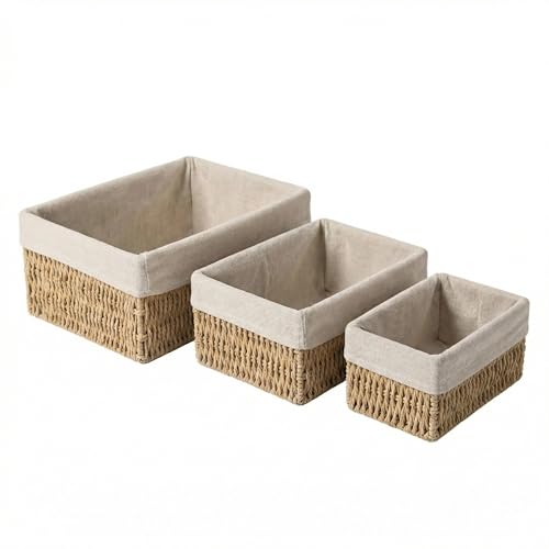 Wicker Baskets Set of 3 with Removable Linen Liner, Wicker Storage Baskets for Shelves – Woven Nesting Organizer Bins for Pantry, Bathroom, Closet & Dresser