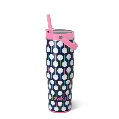 Swig Life 30oz Leak Proof To-Go Tumbler 30oz Leak Proof Water Bottle with Handle and Straw Large Insulated Tumblers Cup Holder Friendly Travel Mug Reusable Leakproof Water Bottle (Tee It Up)