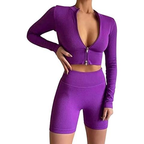Workout Sets for Women Long Sleeve Zip Crop Top Seamless Ribbed High Waist Biker Shorts 2 Piece Outfits Tracksuit, Purple, Medium Cover