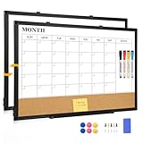 QUEENLINK Dry Erase Calendar Board for Wall, 24"x18" Magnetic Whiteboard Calendar Double-Sided Monthly White Board with Cork Board, Black Aluminum Frame Memo Message Board for Office, Home, School