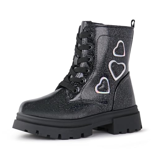 Tobfis Kids Girls Fashion Shiny Combat Work Boots Side Zipper Ankle Boots(Toddler/Little Kid/Big Kid)