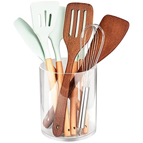 Kitchen Utensil Holder for Countertop,Acrylic Cooking Utensil Holder,Large Cooking Tools Storage Utensils Organizer,Transparent Spoon Holder for Kitchen Counter,Fashion Round Caddy Crock Home Décor Cover