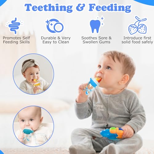 Image of WAJIAYON Baby Fruit Feeder Pacifier | 2 Infant Food Feeder Pacifier & Baby Food Dispensing Spoon | Mesh Fresh Fruit Teethers for Babies Teething Feeders | Shower Gifts for Boys and Girls (Blue)