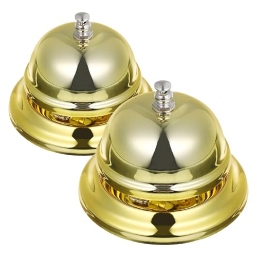 Garneck 2 Pack Hand Pressing Desk Bell Set: Gold Service Ring Bell 3.14 Inch Metal Loud Ring Call Prop for Front Desk Counter Hotel Reception School Classroom Restaurant Dinner Bar