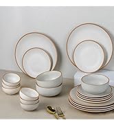 The Earth Store Handcrafted White Matte Brown Ceramic Dinner Set, 21 Pieces Serving for 6, Microw...
