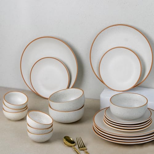 The Earth Store Handcrafted White Matte Brown Ceramic Dinner Set, 21 Pieces Serving for 6, Microwave and Dishwasher Safe, Bone-Ash Free, Dinner Sets | Crockery Set for Gifting & Dining