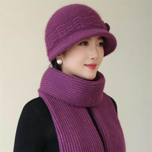 Set de gorro bufanda y guantes de invierno de lana para mujer violeta 4
