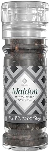 Maldon Black Pepper Grinder – Refillable 1.7oz Pepper Mill Grinder with Whole Black Peppercorns – Kitchen Must Have for Everyday Seasoning and to Grind Over a Wide Range of Dishes