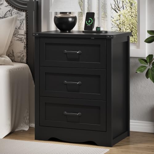Image of Xixini Nightstand with Charging Station, 24 inch Wide Farmhouse Bedside Table with 3 Deep Storage Drawers, Modern Wood Side Table with Mental Handle, Tall End Table for Bedroom, Black