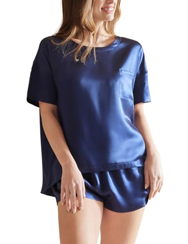 THXSILK Pure Mulberry Silk Women's Pajamas Set Short Sleeve Pj Set, Women's Lingerie Sleep Lounge, 2 Piece Womens Pajama Shorts Silk Pjs (S, Navy Blue)