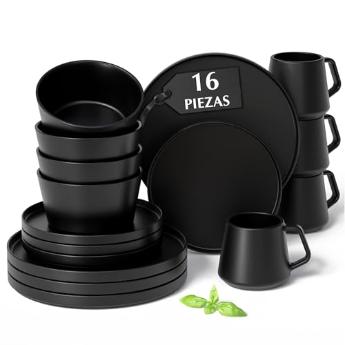 MIAMIO - Juego de vajilla para 4 / Juego de 16 piezas de gres moderno/Vajilla – Apta para lavavajillas y microondas – Colección Luxe (negro, 16x)