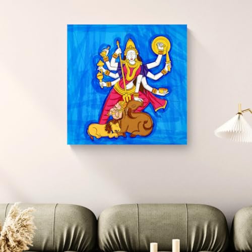 Image of ARTEBELLA Goddess Durga Canvas Wall Art, Vibrant Blue Multi-Armed Deity Painting, Home and Workspace Decor (32 in X 32 in)