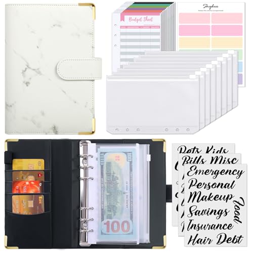Image of SKYDUE Budget Binder, Money Saving Binder with Zipper Envelopes, Cash Envelopes and Expense Budget Sheets for Budgeting (White /Black)
