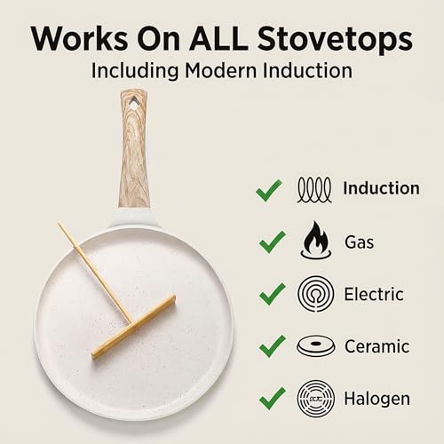 Image of Hiceeden Nonstick Crepe Pan with Spreader, 10-Inch Tortilla Pan with Detachable Handle, Ceramic Coating Pancake Dosa Tawa Griddle Pan, for All Stove, Induction Compatible, PFOA Free (White)