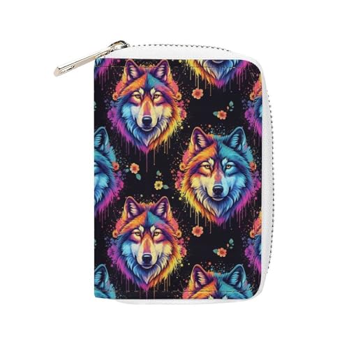 Pu Leather Zipper Slim Wallet Bag for Women, Cool Wolf Flower Art Credit Card Holder Organizer with 20 Card Slots Portable Mini Purse