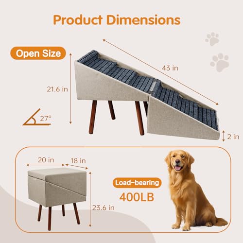 Image of Dog Stairs for High Bed,2-in-1 Ottoman Dog Stairs,21 Inch Working Height, 6 Steps and Non-Slip Design for Large Dogs,Wooden Pet Furniture(Beige XXL 21.6 inch H)
