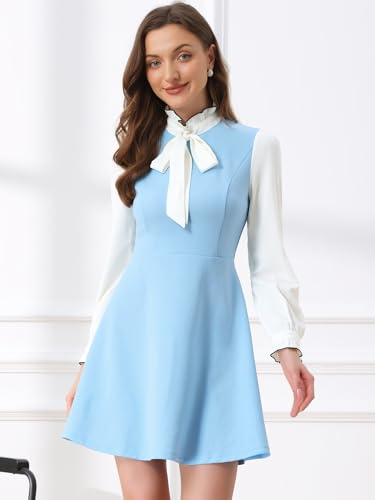 Image of Allegra K Tie Neck Dresses for Women's 1960s Vintage Long Sleeve Contrast Color Dress