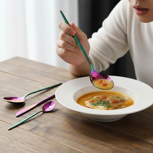 Image of 20 Pcs Rainbow Cutlery Set for Dining Table the Perfect Lightweight Silim Handle Tableware Including Dinner Spoon, Dinner Fork, Dinner Knife, Dessert Spoon & Dessert Fork