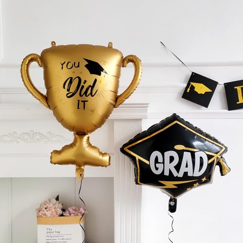 Image of 135Pcs Black Gold White Graduation Balloon Garland Arch Kit,with Explosion Star,Diploma,Trophy,Grad Hat,Photo Frame Foil Balloons for Congrats Class of 2026 Graduates Celebrations Party Decoration