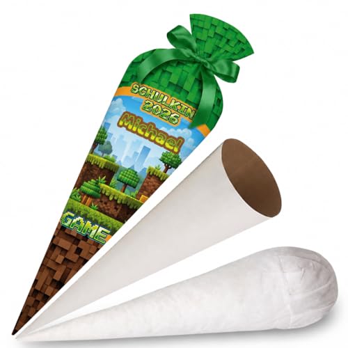 Schultüte Gamer Grün mit Namen für Jungen Personalisierte Tüte 70 cm Zuckertüte aus Stoff mit runde Papprohling und Füllung aus Silikonkügelchen große Tüte als Kissen [149]