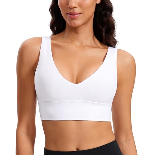 CRZ YOGA Butterluxe Womens V-Neck Longline Sports Bra - Wireless U-Shaped Open Back Yoga Low Impact Padded Crop Top White Small