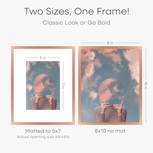 Image of Homeforia Rose Gold 8x10 Picture Frame, High End Metal 8 x 10 Poster Frames with Mat 5 by 7 Print, 10x8 Thin Frame Matted to 7x5 Photo, 8by10 Wall or Tabletop Frame, Tempered Glass, Wall Kit, Set of 2