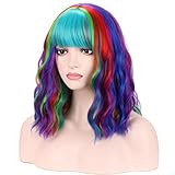 BERON 14 Inches Rainbow Wig Short Curly Wig Women Girl's Synthetic Wig Rainbow Wig with Bangs Wig Cap Include