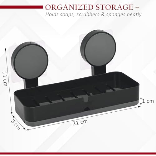 Image of Plastic Self-Adhesive Soap Holder for Bathroom with Removable Drain Tray | Wall Mount No Drill Stickable Long Soap Stand for Kitchen Sink | Black
