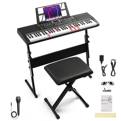 Ktaxon 61 Key Keyboard Piano with 200 Timbres, 200 Rhythms & 60 Demos, Piano Keyboard Includes Stand, Stool, Headphones, Microphone, Note Stickers, Music Holder & Manual (Full H Stand- Black)