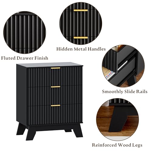 Image of HUANLEGO Fluted Nightstand with 3 Drawer for Bedroom, Black | Mid Century Modern Beside Table with Metal Handle, Wooden End Table with 3 Drawers for Living Room, Closet, Entryway