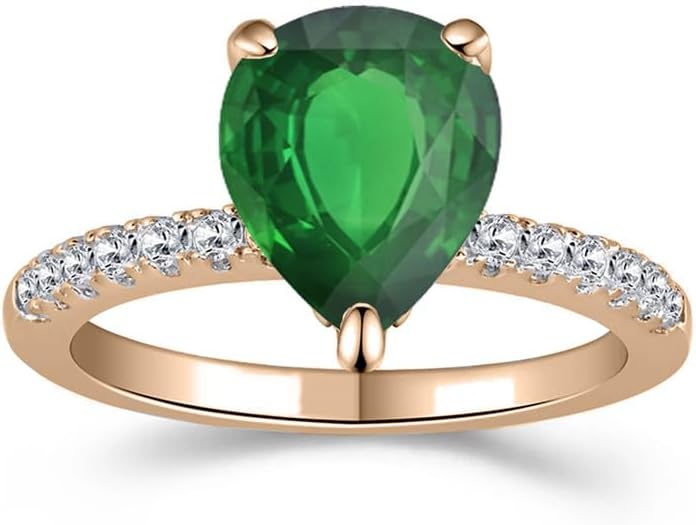 Pear Cut Green Emerald & Diamond Engagement Ring, 14k Gold Finish Pear Shape Emerald Solitaire With Accent Bridal Ring, Emerald & Diamond Ring