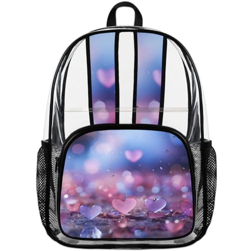 Clear Backpack Crystal Hearts Clear Bag Heavy Duty PVC Backpack Sturdy Transparent Backpack for Travel, Work, Security, Heart Clear Bags for Women Men,17.7inch4