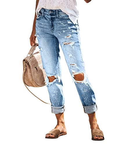 KUNMI Women's Ripped Mid Waisted Boyfriend Jeans Loose Fit Distressed Stretchy Denim Pants3