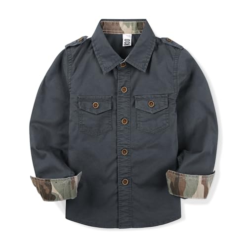 Image of Toddler Little Boys Button Down Long Sleeve Shirt Uniform Army Scout Casual Fall Top with Pocket