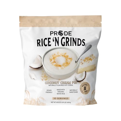 Pride Foods Rice 'N Grinds Hot Cereal - Gluten-Free, Non-GMO, Vegan-Friendly, Natural Rice Breakfast, Quick & Easy Hot Meal, Low-Fat Comfort Food, 30 Servings, Coconut Cream Pie