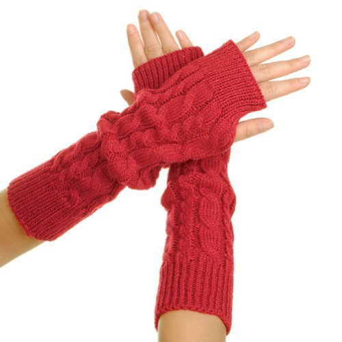 Pair Lady Braided Knitted Crochet Long Soft Arm Fingerless Winter Warmer Gloves Red