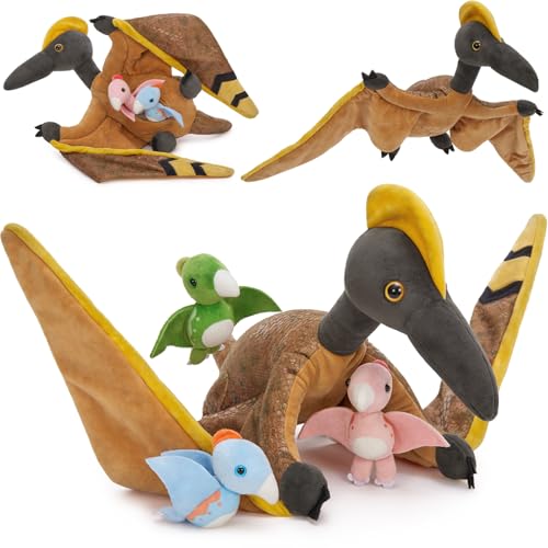 MaoGoLan Pterodactyl Plush Pteranodon Stuffed Animals for Kids, 37 inch Giant Plush Dinosaur Toy Large Pterosaur Mommy with Babies - Dino Squad Party Favors Decorations