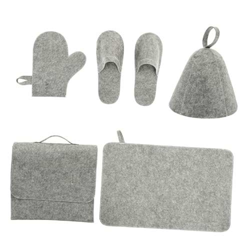 BESTYASH 5pcs Sauna Set Gray Felt Sauna Hat Bathing Gloves Absorbent Shower Gloves and Slippers Storage Bag Lightweight Breathable Accessories for Women Bathroom Use