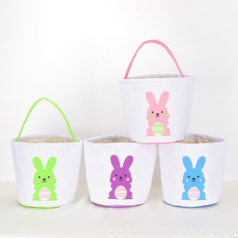 Image of Easter Bunny Basket Bag for Kids, Canvas Cotton Egg Hunt Tote with Rabbit Print, Bunny Gift Bag for Boys and Girls, Lightweight Reusable Candy and Egg Holder, Multiple Colors (bunny Basket - Pink)